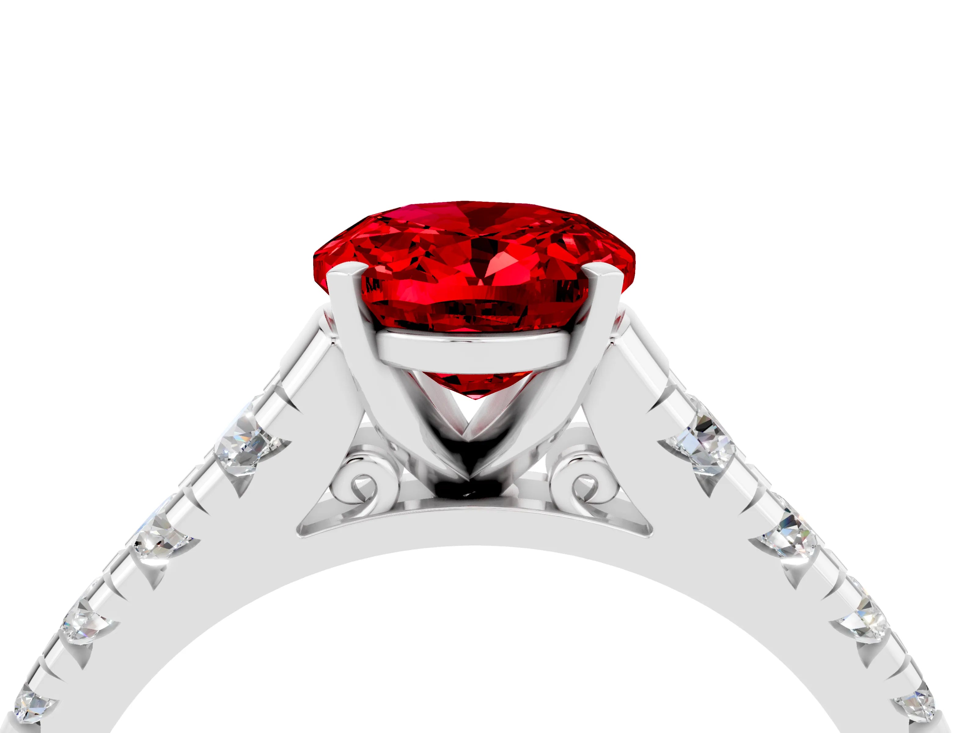 White gold Oval Cut Ruby Solitaire Ring with Cathedral Setting and Pavé Band_4