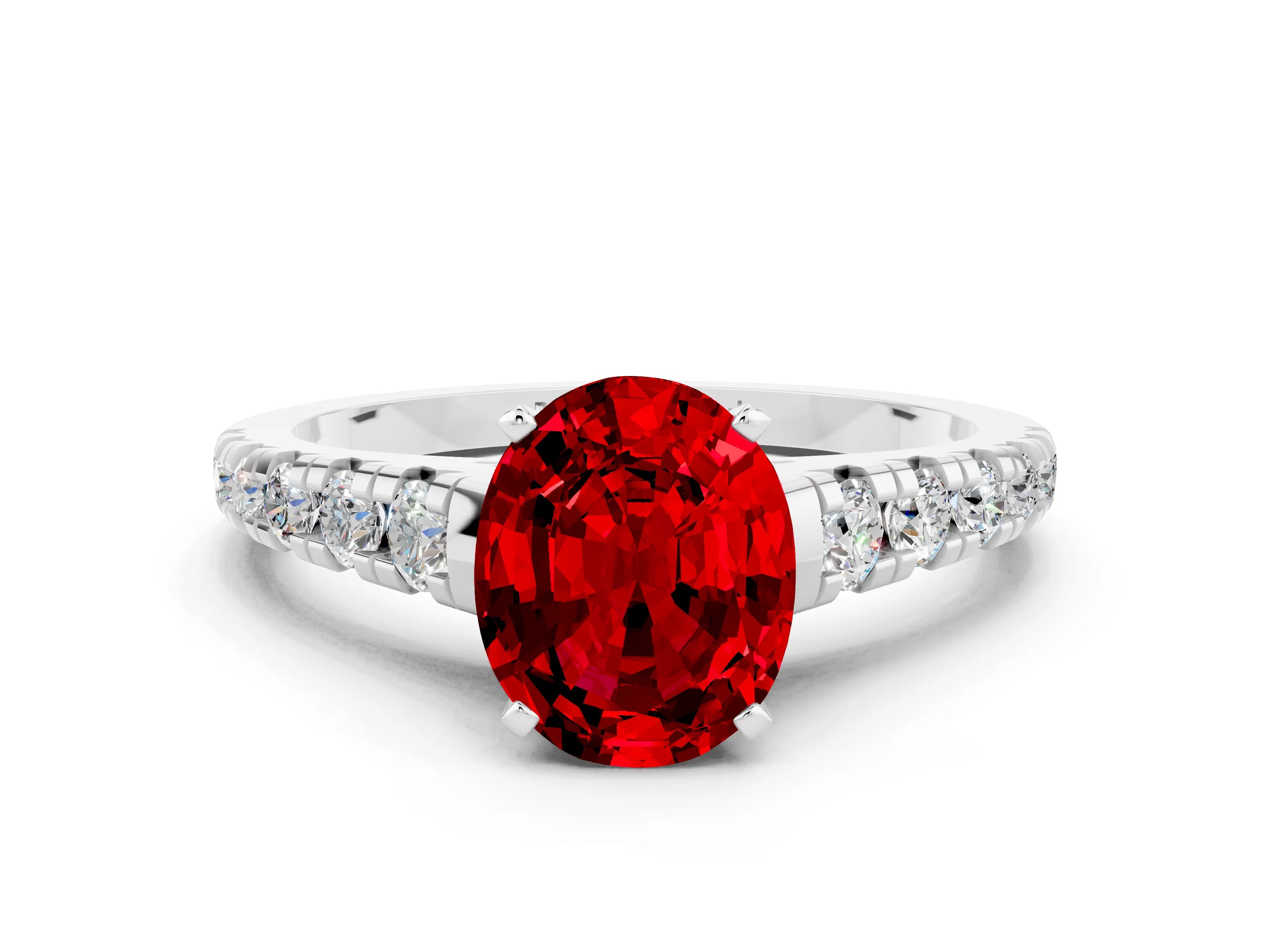 White gold Oval Cut Ruby Solitaire Ring with Cathedral Setting and Pavé Band