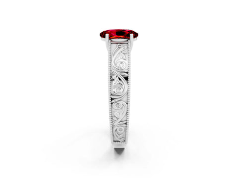 White gold Oval Cut Ruby Solitaire Ring with Engraved Band and Four-Prong Setting_2