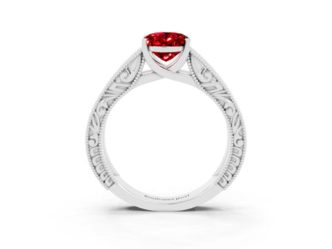 White gold Oval Cut Ruby Solitaire Ring with Engraved Band and Four-Prong Setting_3