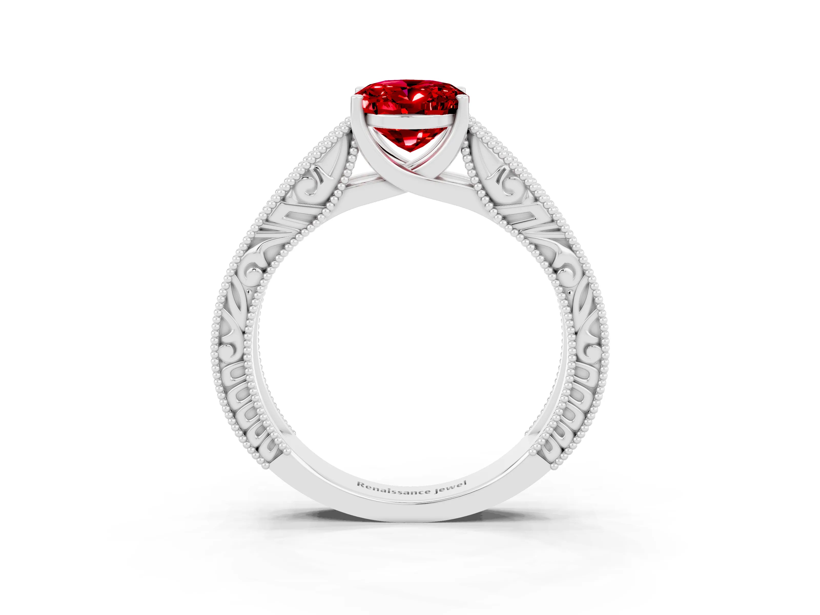White gold Oval Cut Ruby Solitaire Ring with Engraved Band and Four-Prong Setting_3