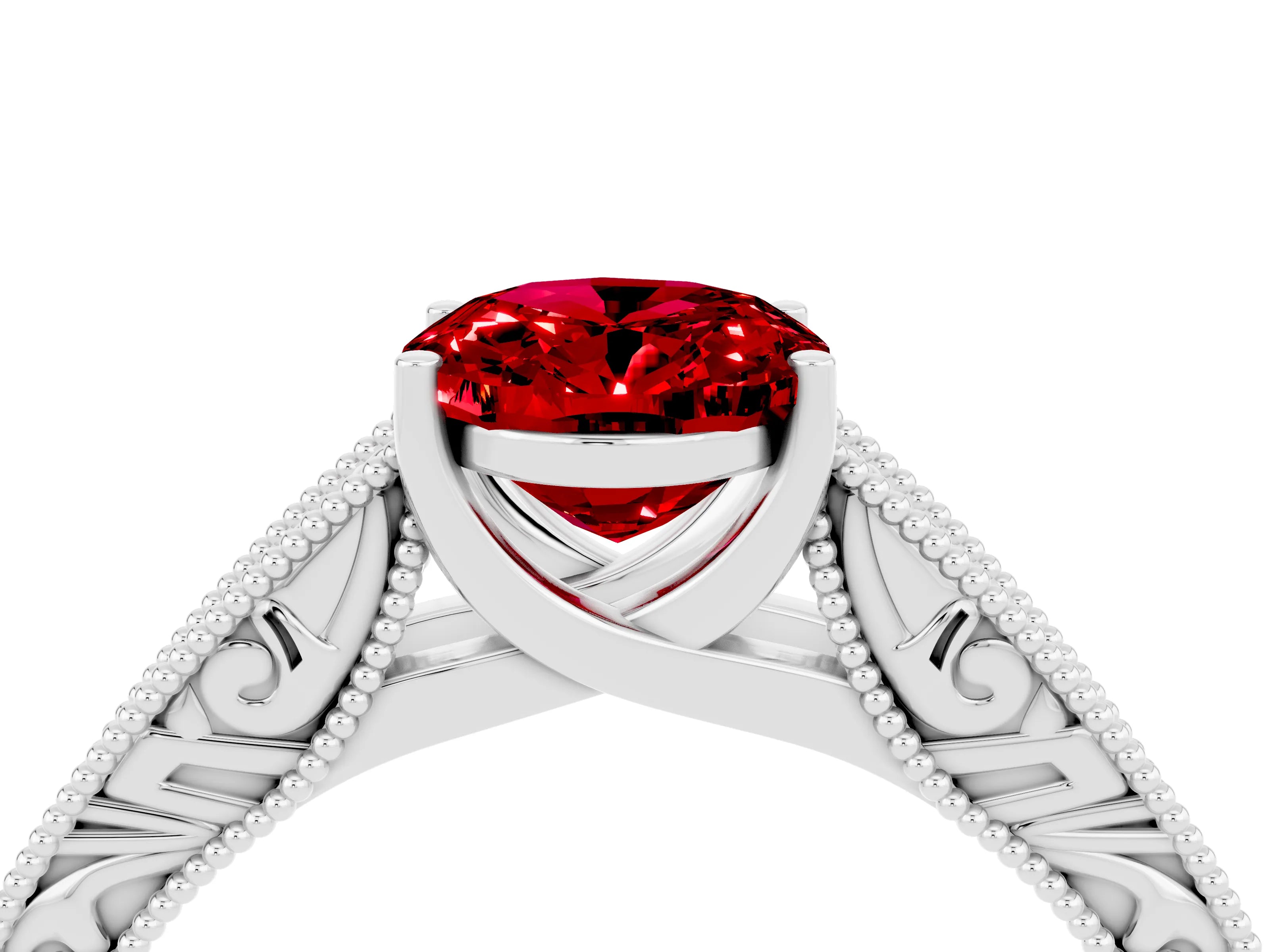 White gold Oval Cut Ruby Solitaire Ring with Engraved Band and Four-Prong Setting_4