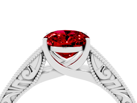 White gold Oval Cut Ruby Solitaire Ring with Engraved Band and Four-Prong Setting_4