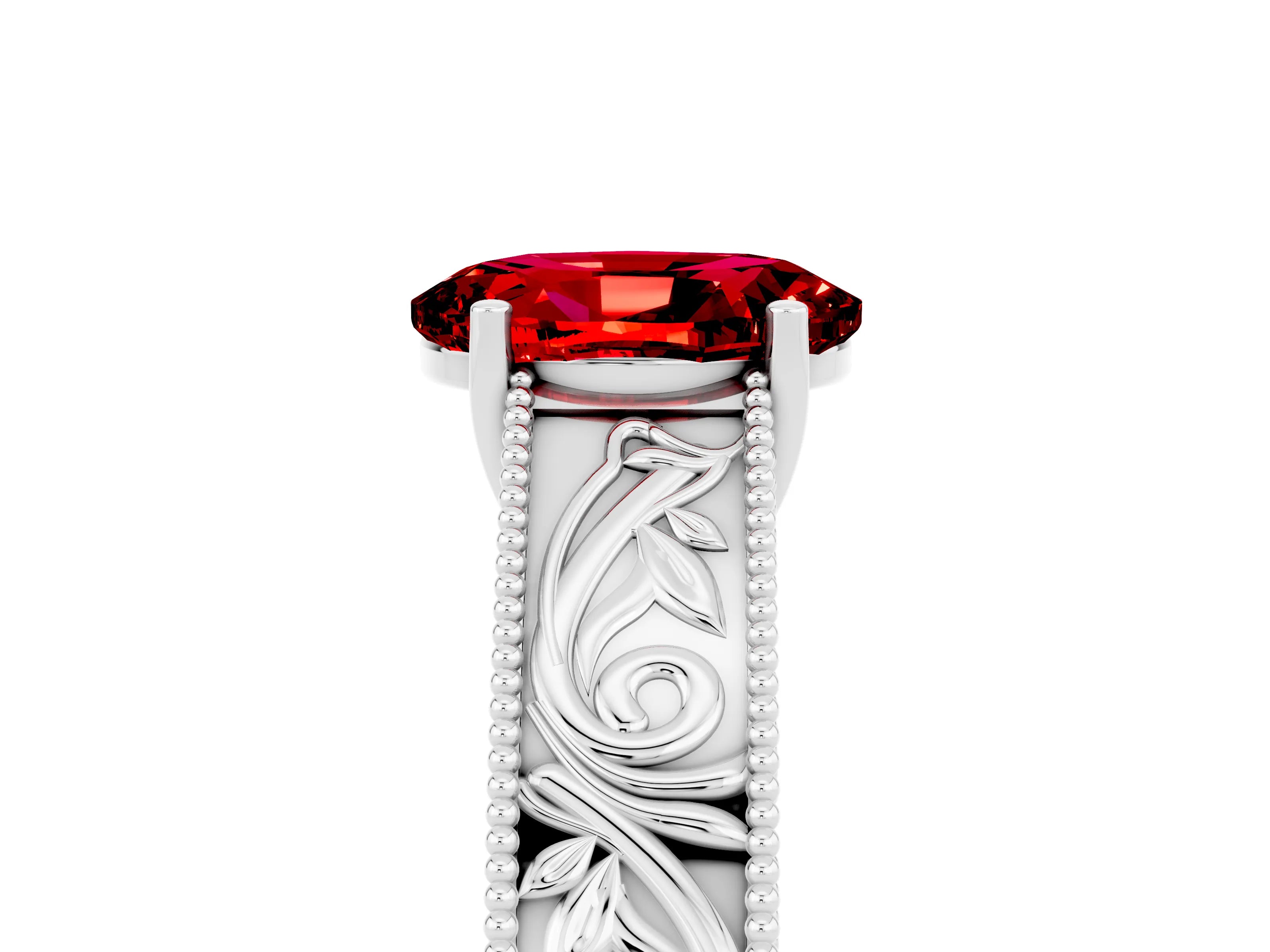 White gold Oval Cut Ruby Solitaire Ring with Engraved Band and Four-Prong Setting_5