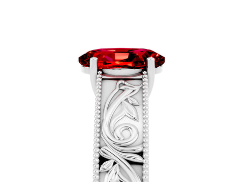 White gold Oval Cut Ruby Solitaire Ring with Engraved Band and Four-Prong Setting_5