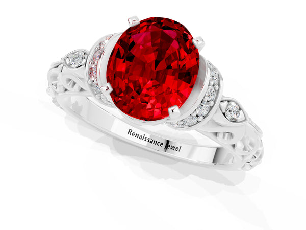 Silver Oval Cut Ruby Solitaire Ring with Filigree Band and Four-Prong Setting