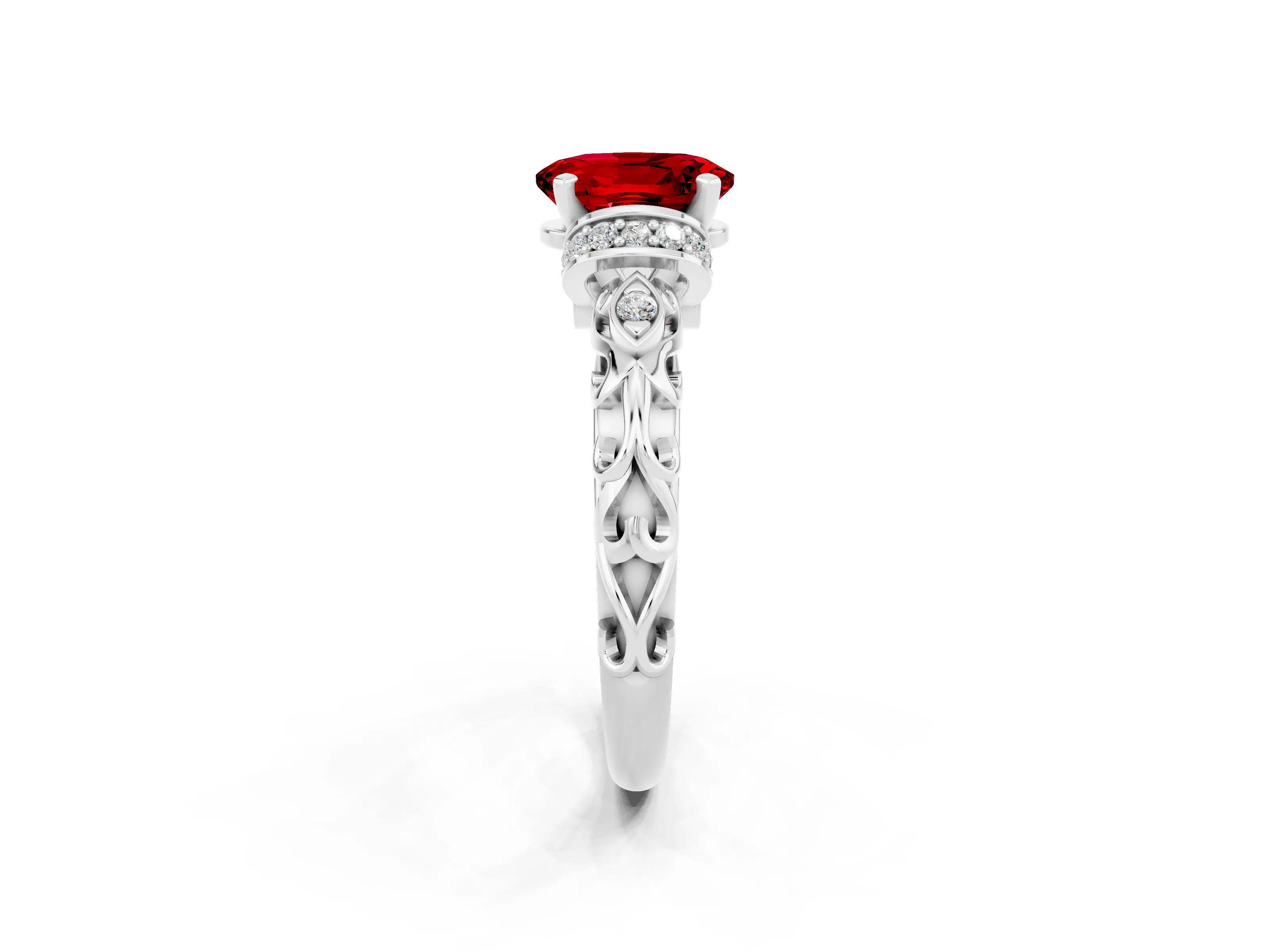 White gold Oval Cut Ruby Solitaire Ring with Filigree Band and Four-Prong Setting_26