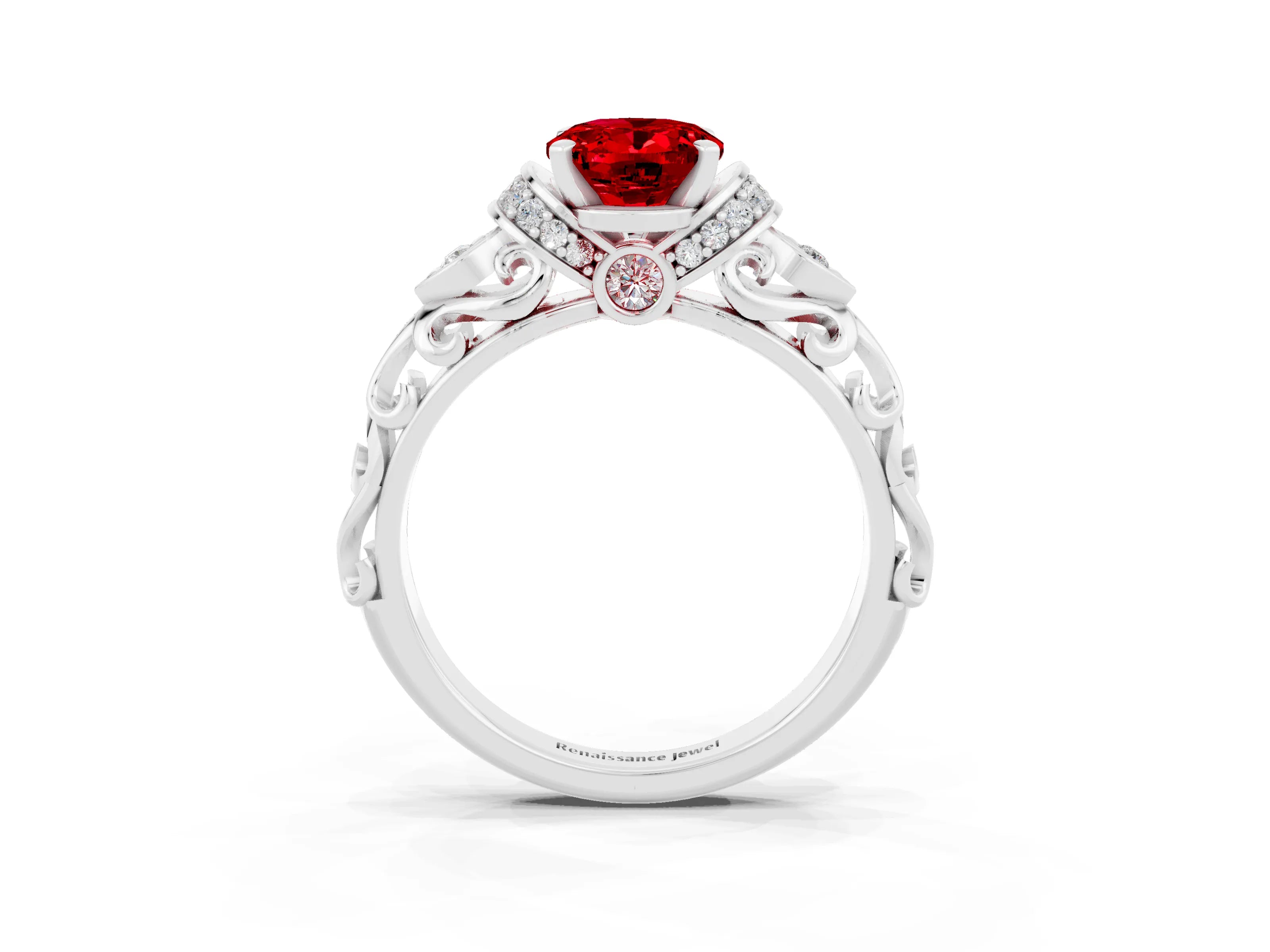 White gold Oval Cut Ruby Solitaire Ring with Filigree Band and Four-Prong Setting_27
