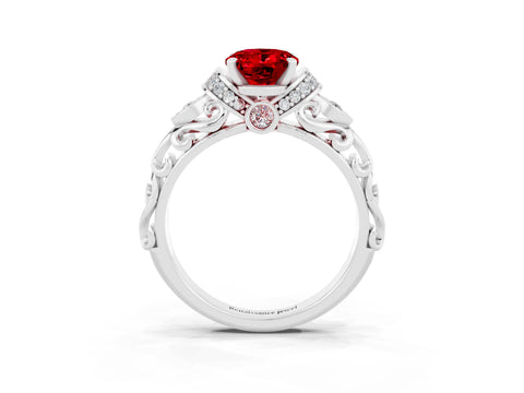 White gold Oval Cut Ruby Solitaire Ring with Filigree Band and Four-Prong Setting_27