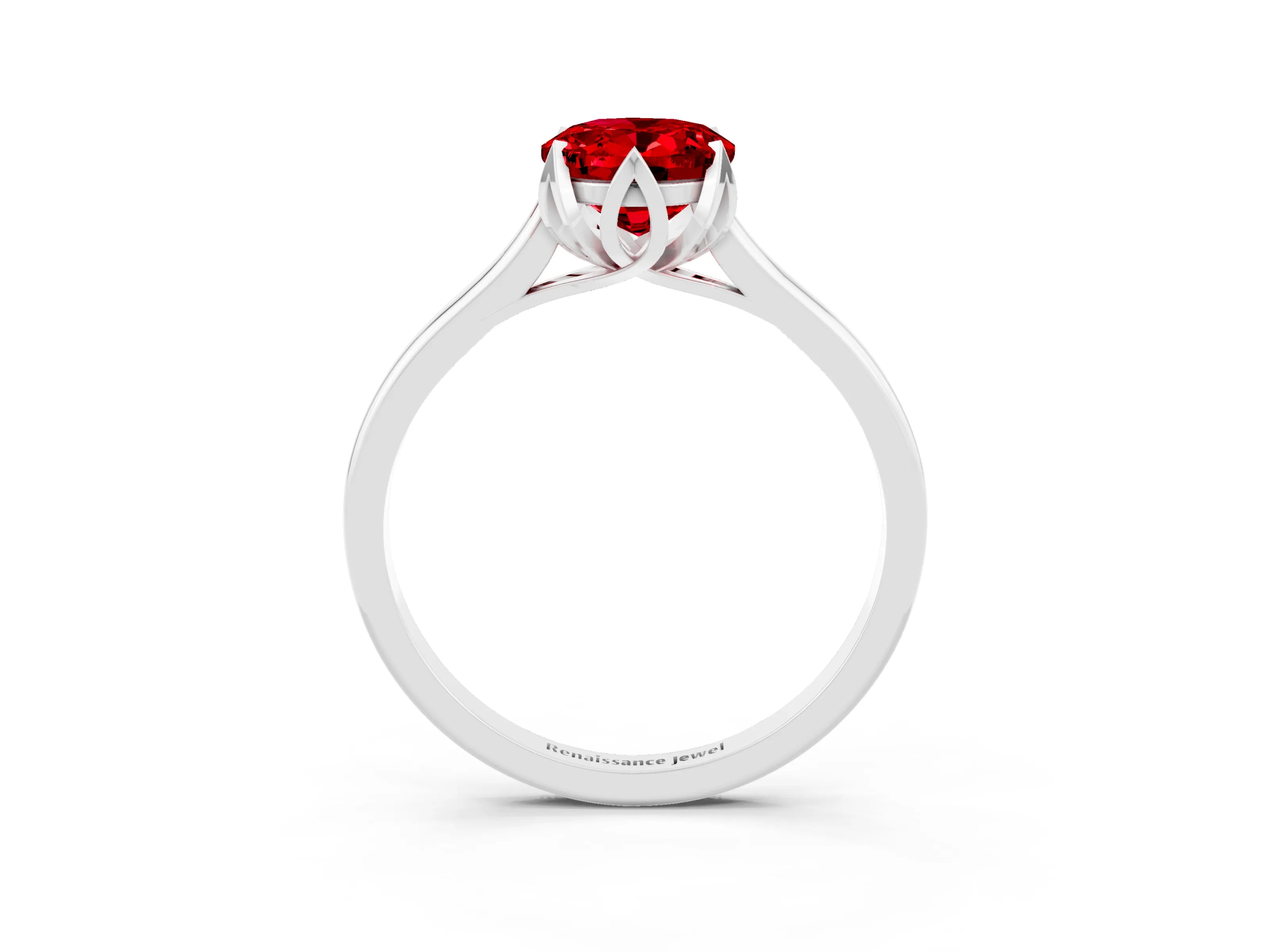 White gold Oval Cut Ruby Solitaire Ring with Flower Prong Setting and Classic Band_15