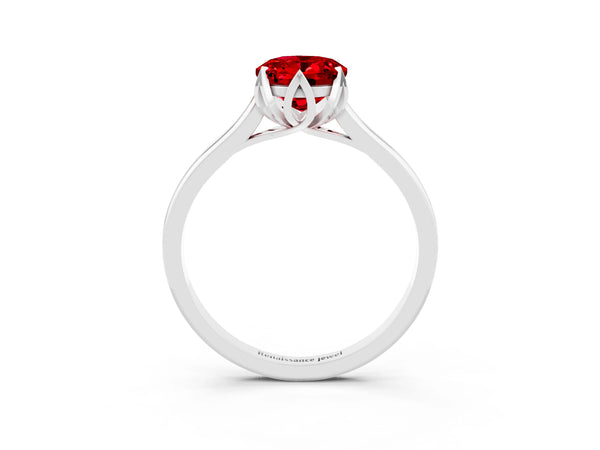 Silver Oval Cut Ruby Solitaire Ring with Flower Prong Setting and Classic Band