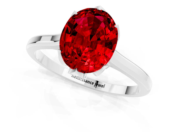 White gold Oval Cut Ruby Solitaire Ring with Flower Prong Setting and Classic Band
