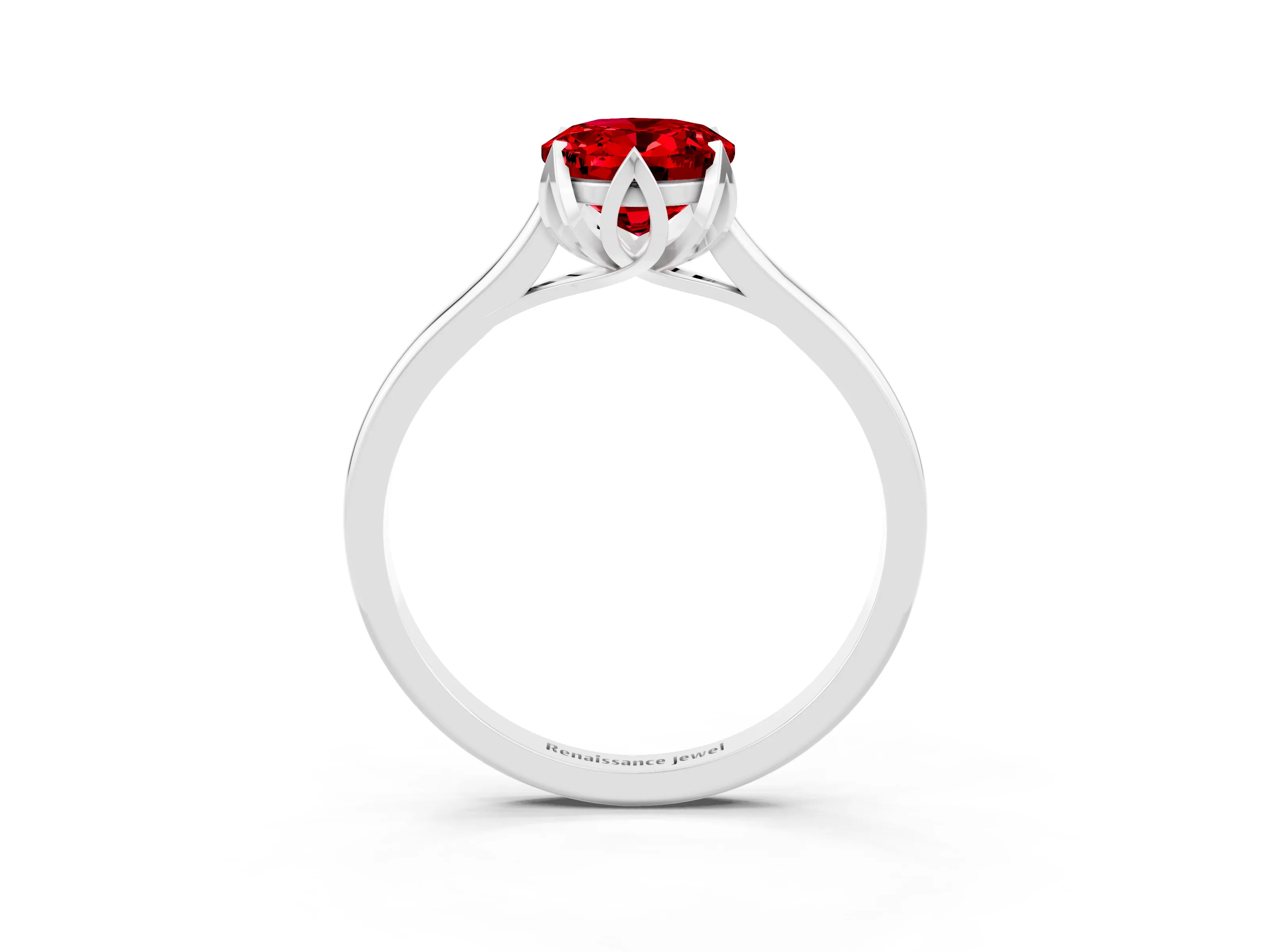 White gold Oval Cut Ruby Solitaire Ring with Flower Prong Setting and Classic Band_27
