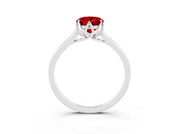 White gold Oval Cut Ruby Solitaire Ring with Flower Prong Setting and Classic Band