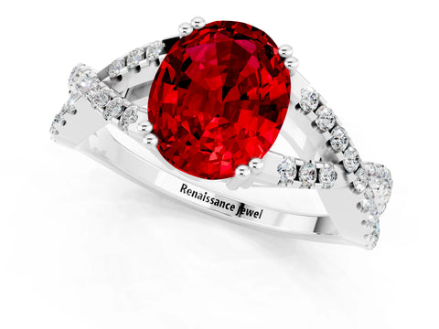 White gold Oval Cut Ruby Solitaire Ring with Four-Prong Setting and Twisted Pavé Band_1