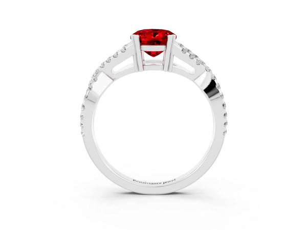Silver Oval Cut Ruby Solitaire Ring with Four-Prong Setting and Twisted Pavé Band
