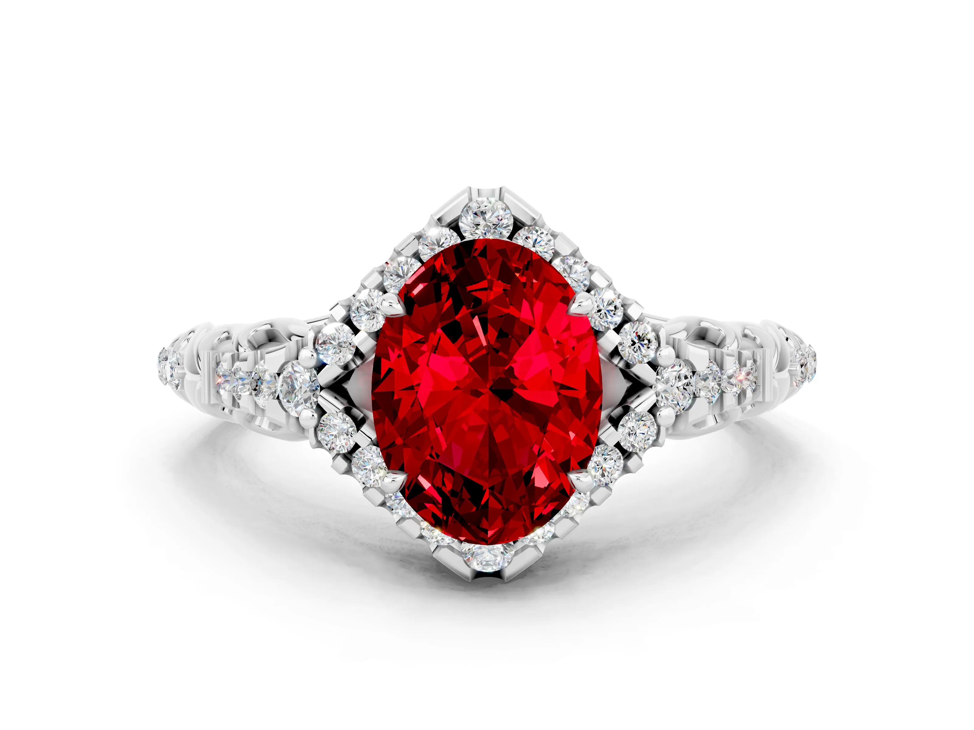 White gold Oval Cut Ruby Solitaire Ring with Hidden Halo and Pavé Band_12