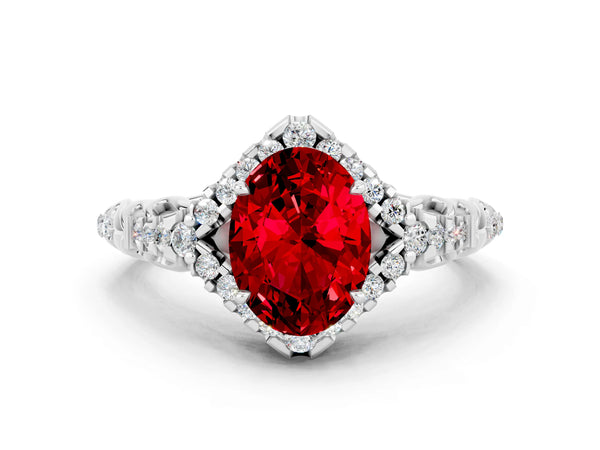 White gold Oval Cut Ruby Solitaire Ring with Hidden Halo and Pavé Band