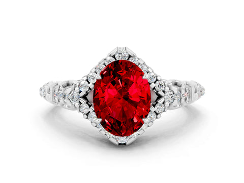 White gold Oval Cut Ruby Solitaire Ring with Hidden Halo and Pavé Band_12