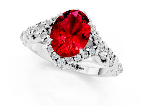 White gold Oval Cut Ruby Solitaire Ring with Hidden Halo and Pavé Band_13