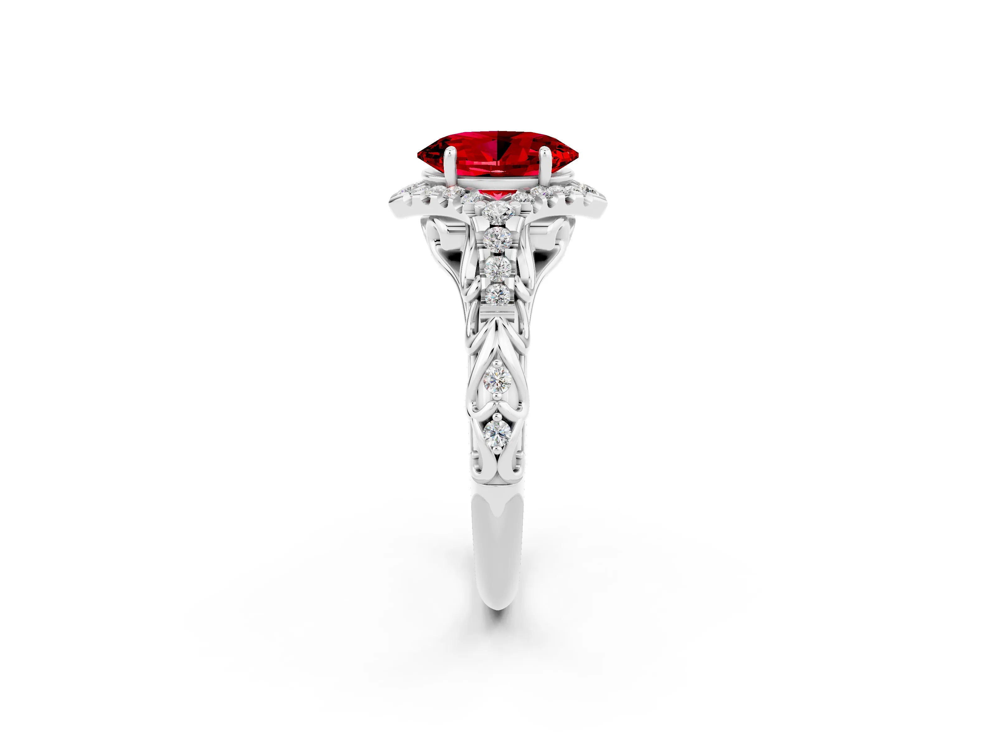 White gold Oval Cut Ruby Solitaire Ring with Hidden Halo and Pavé Band_14
