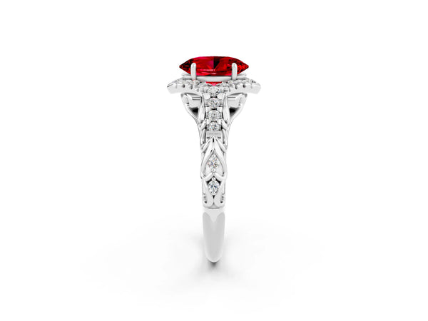 Silver Oval Cut Ruby Solitaire Ring with Hidden Halo and Pavé Band