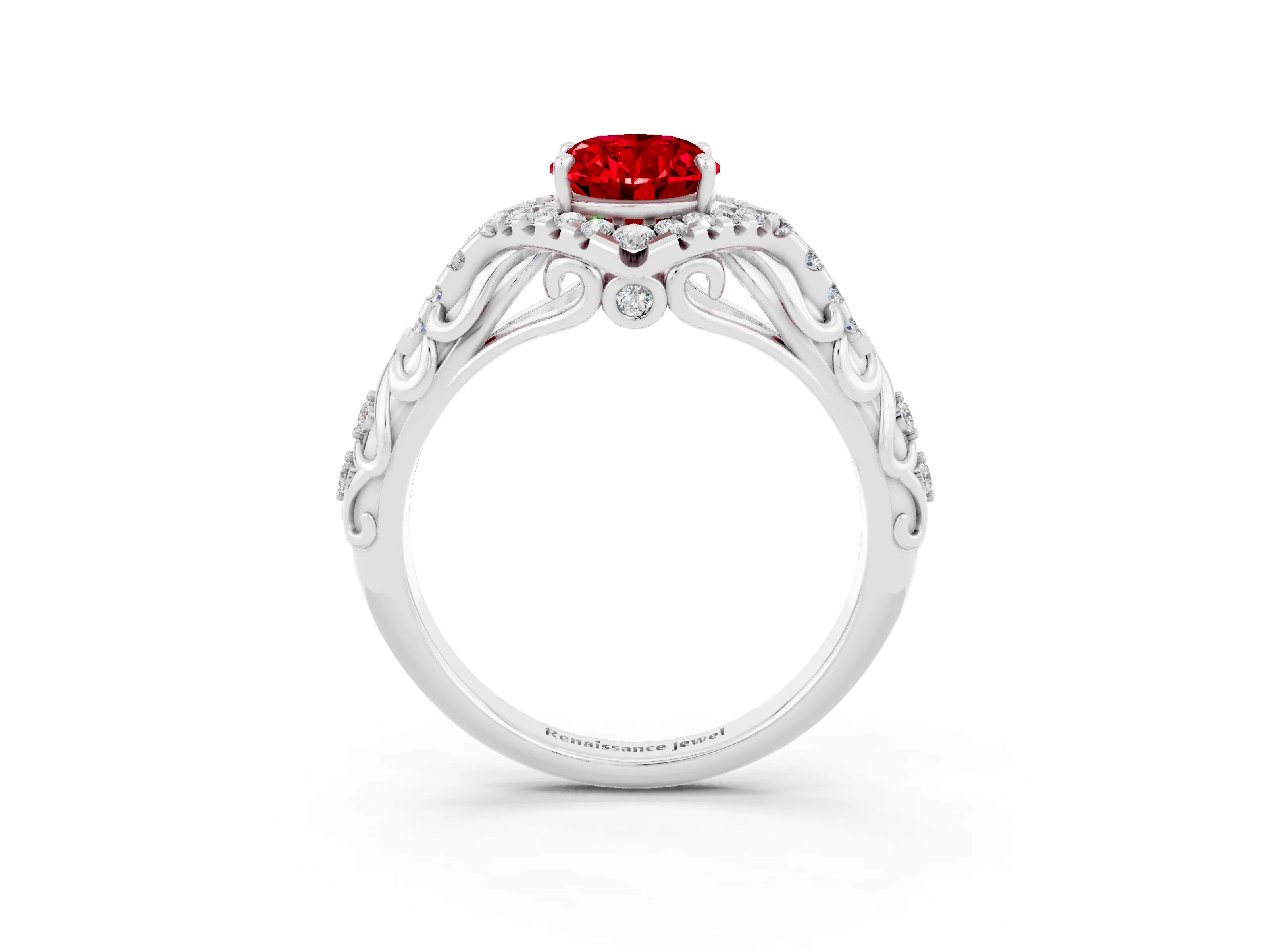 White gold Oval Cut Ruby Solitaire Ring with Hidden Halo and Pavé Band_15