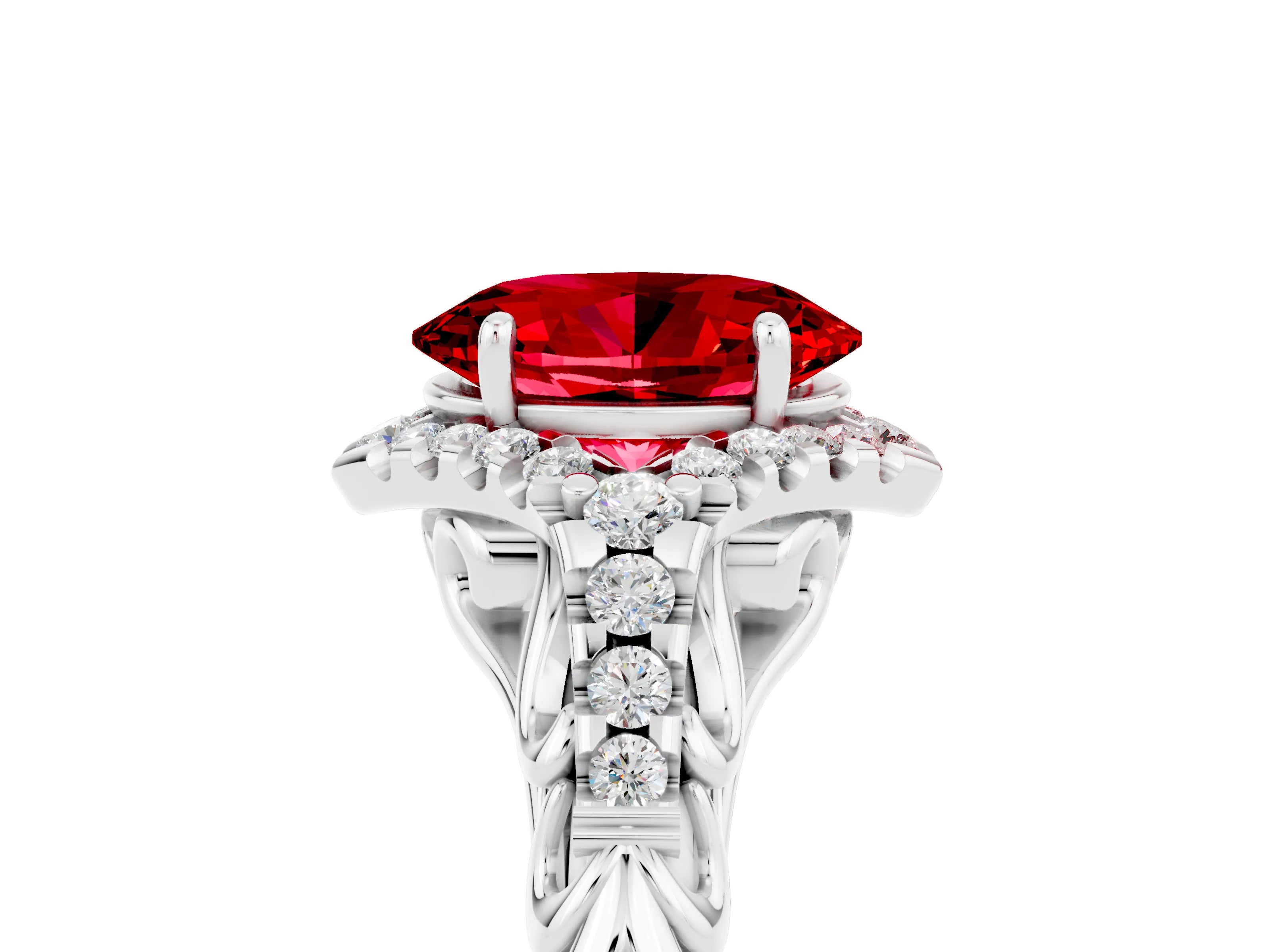 White gold Oval Cut Ruby Solitaire Ring with Hidden Halo and Pavé Band_17