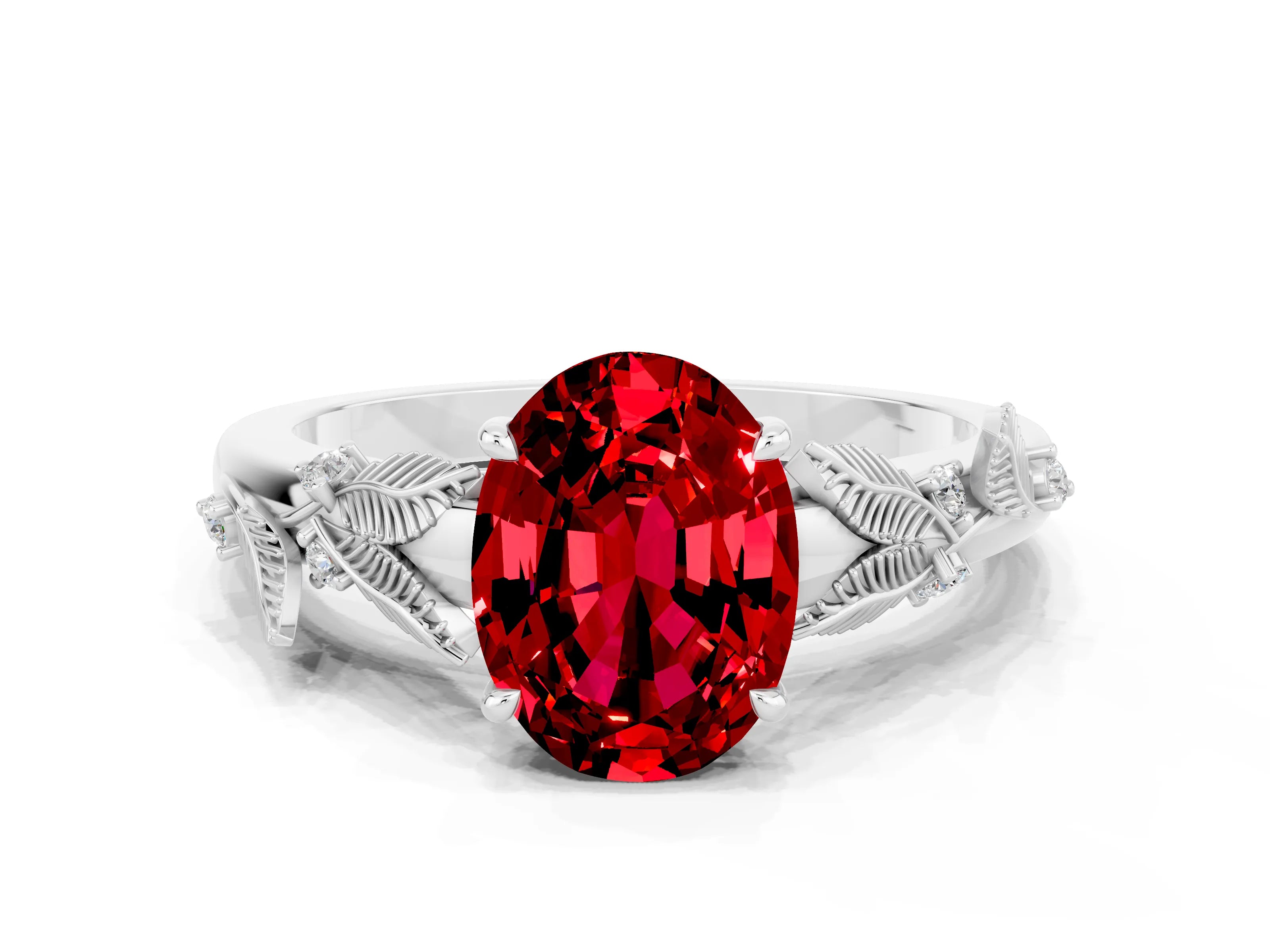 White gold Oval Cut Ruby Solitaire Ring with Leaf Motif Band and Four-Prong Setting