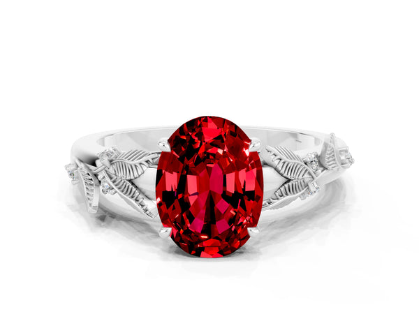 White gold Oval Cut Ruby Solitaire Ring with Leaf Motif Band and Four-Prong Setting