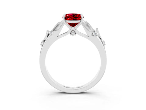 White gold Oval Cut Ruby Solitaire Ring with Leaf Motif Band and Four-Prong Setting_15