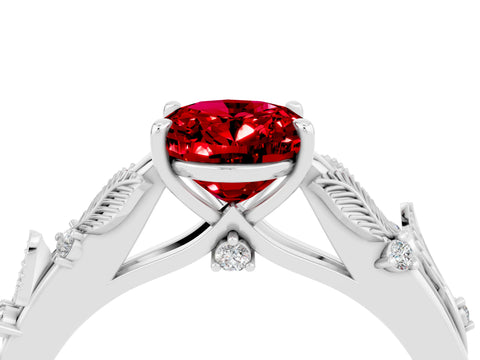 White gold Oval Cut Ruby Solitaire Ring with Leaf Motif Band and Four-Prong Setting_16