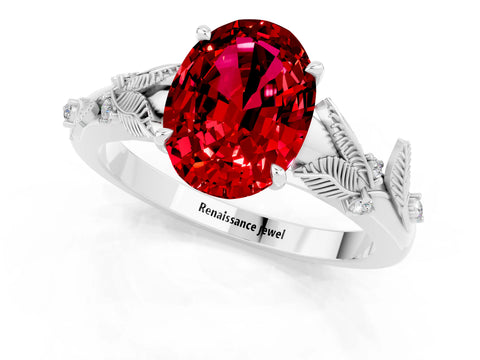 White gold Oval Cut Ruby Solitaire Ring with Leaf Motif Band and Four-Prong Setting_1