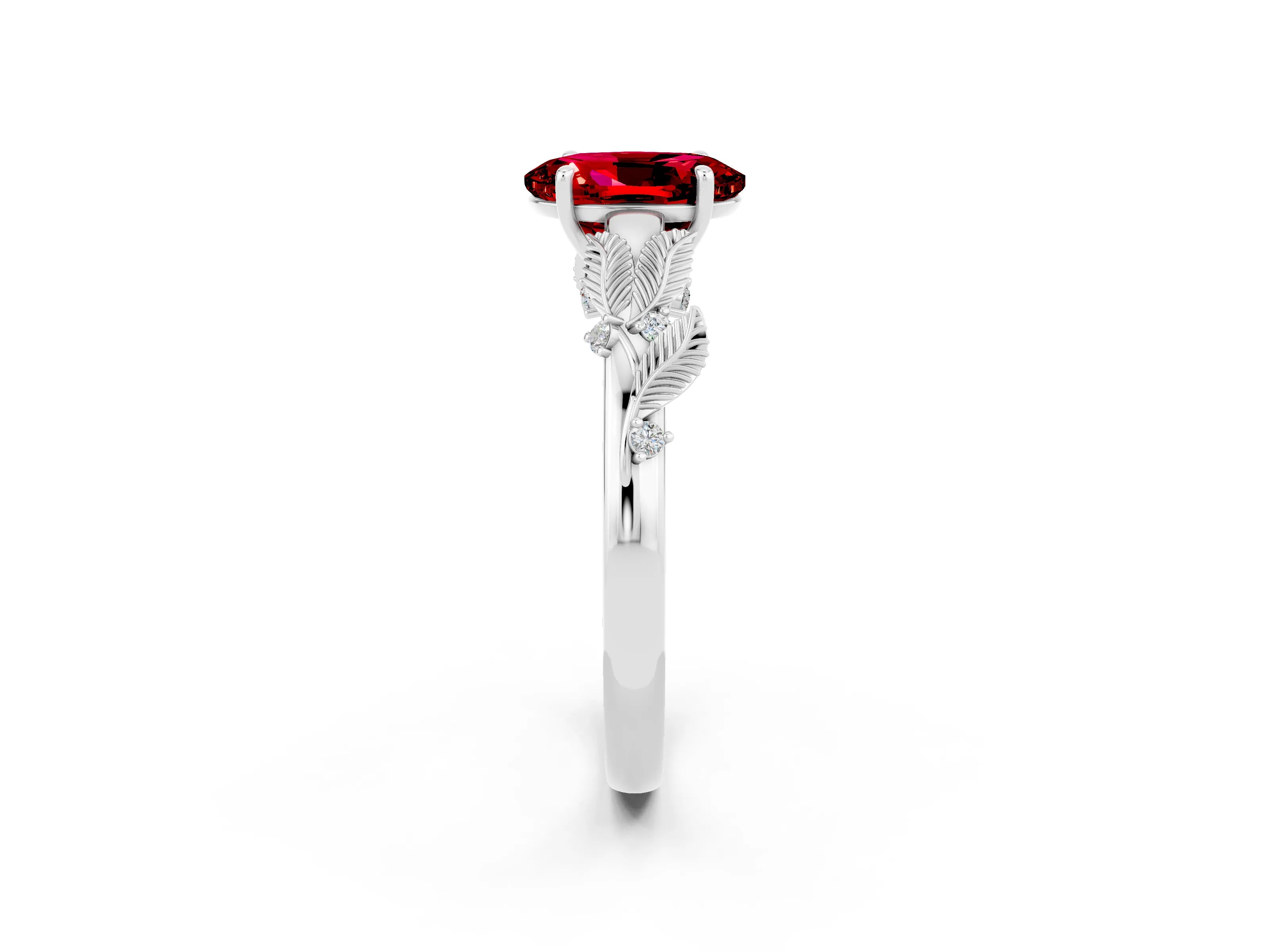 White gold Oval Cut Ruby Solitaire Ring with Leaf Motif Band and Four-Prong Setting_2