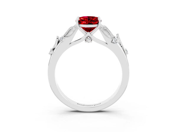 Platinum Oval Cut Ruby Solitaire Ring with Leaf Motif Band and Four-Prong Setting