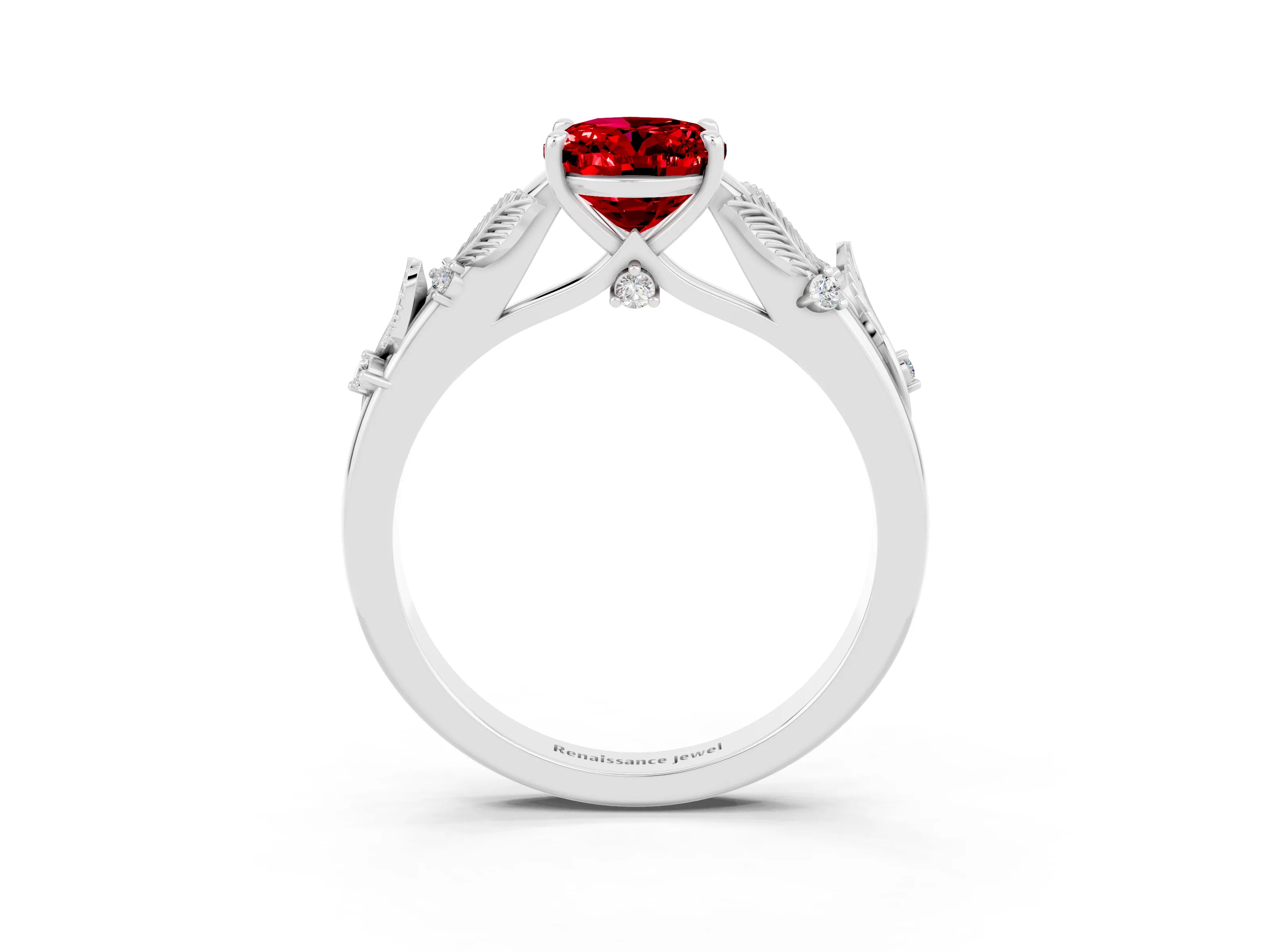 White gold Oval Cut Ruby Solitaire Ring with Leaf Motif Band and Four-Prong Setting_3