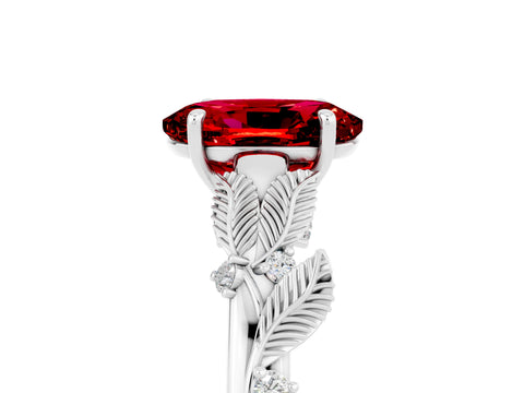 White gold Oval Cut Ruby Solitaire Ring with Leaf Motif Band and Four-Prong Setting_5