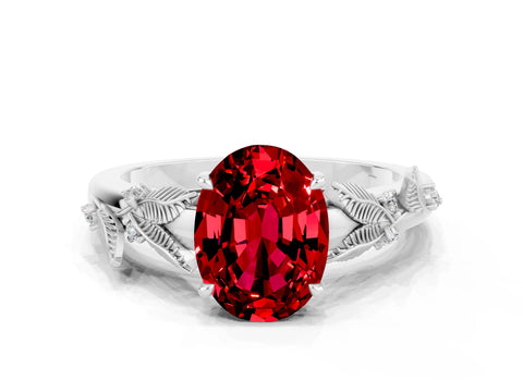 White gold Oval Cut Ruby Solitaire Ring with Leaf Motif Band and Four-Prong Setting