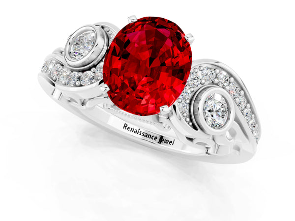Silver Oval Cut Ruby Solitaire Ring with Milgrain Pavé Band and Four-Prong Setting