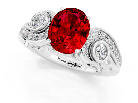 White gold Oval Cut Ruby Solitaire Ring with Milgrain Pavé Band and Four-Prong Setting_13