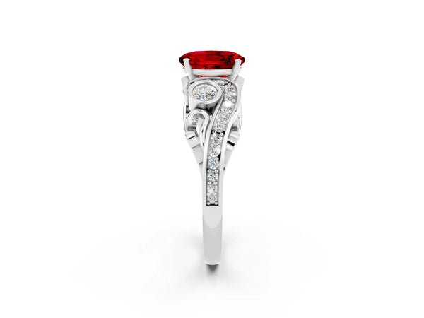 Platinum Oval Cut Ruby Solitaire Ring with Milgrain Pavé Band and Four-Prong Setting