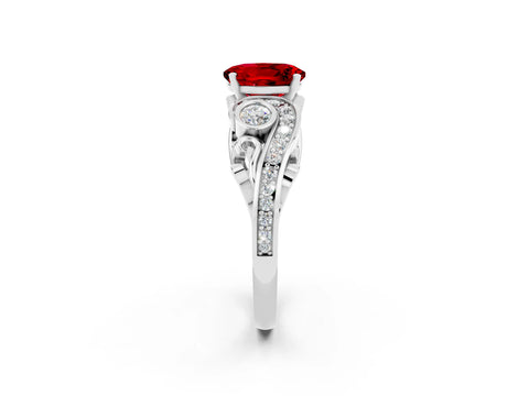 White gold Oval Cut Ruby Solitaire Ring with Milgrain Pavé Band and Four-Prong Setting_14