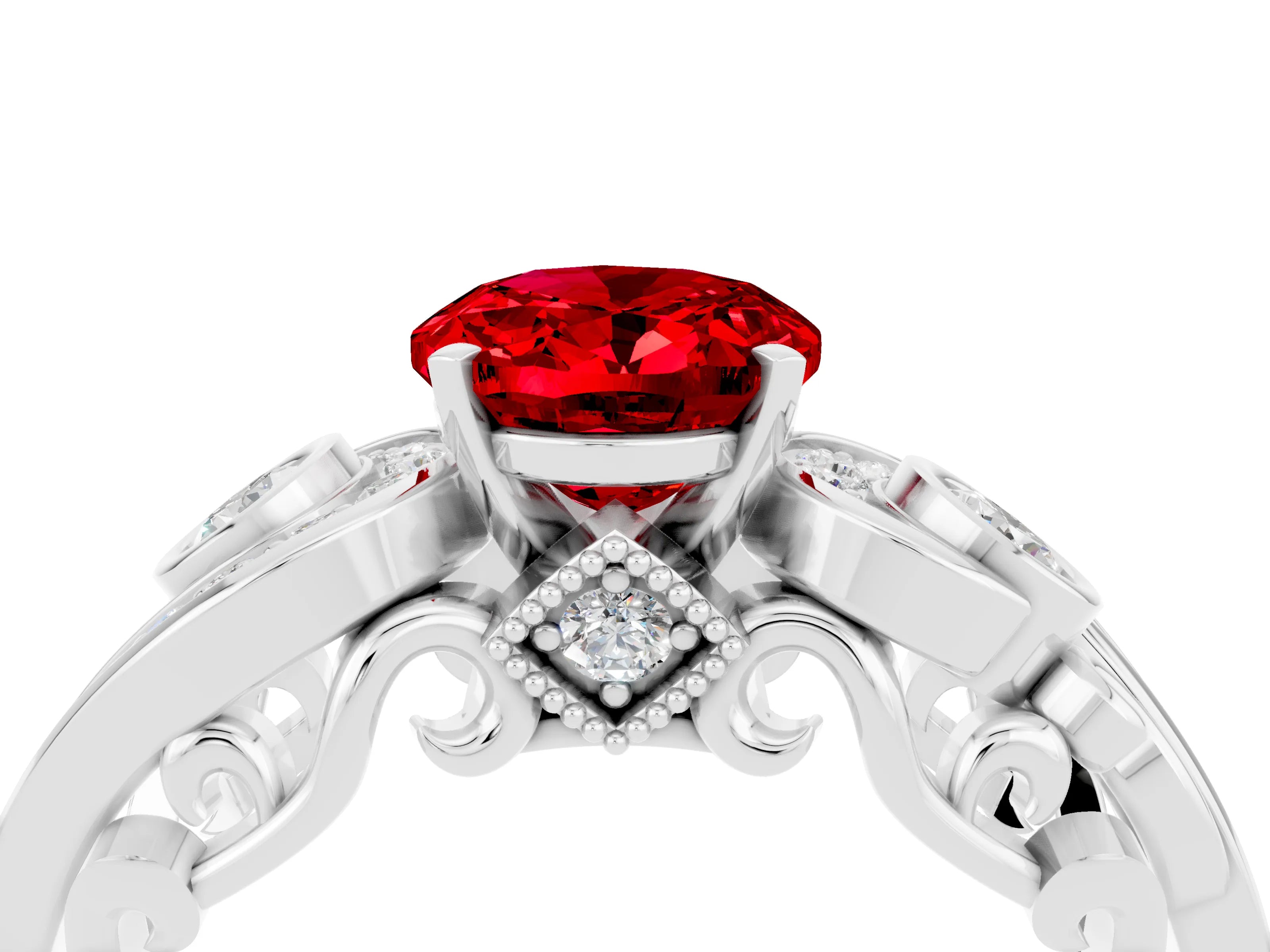 White gold Oval Cut Ruby Solitaire Ring with Milgrain Pavé Band and Four-Prong Setting_16