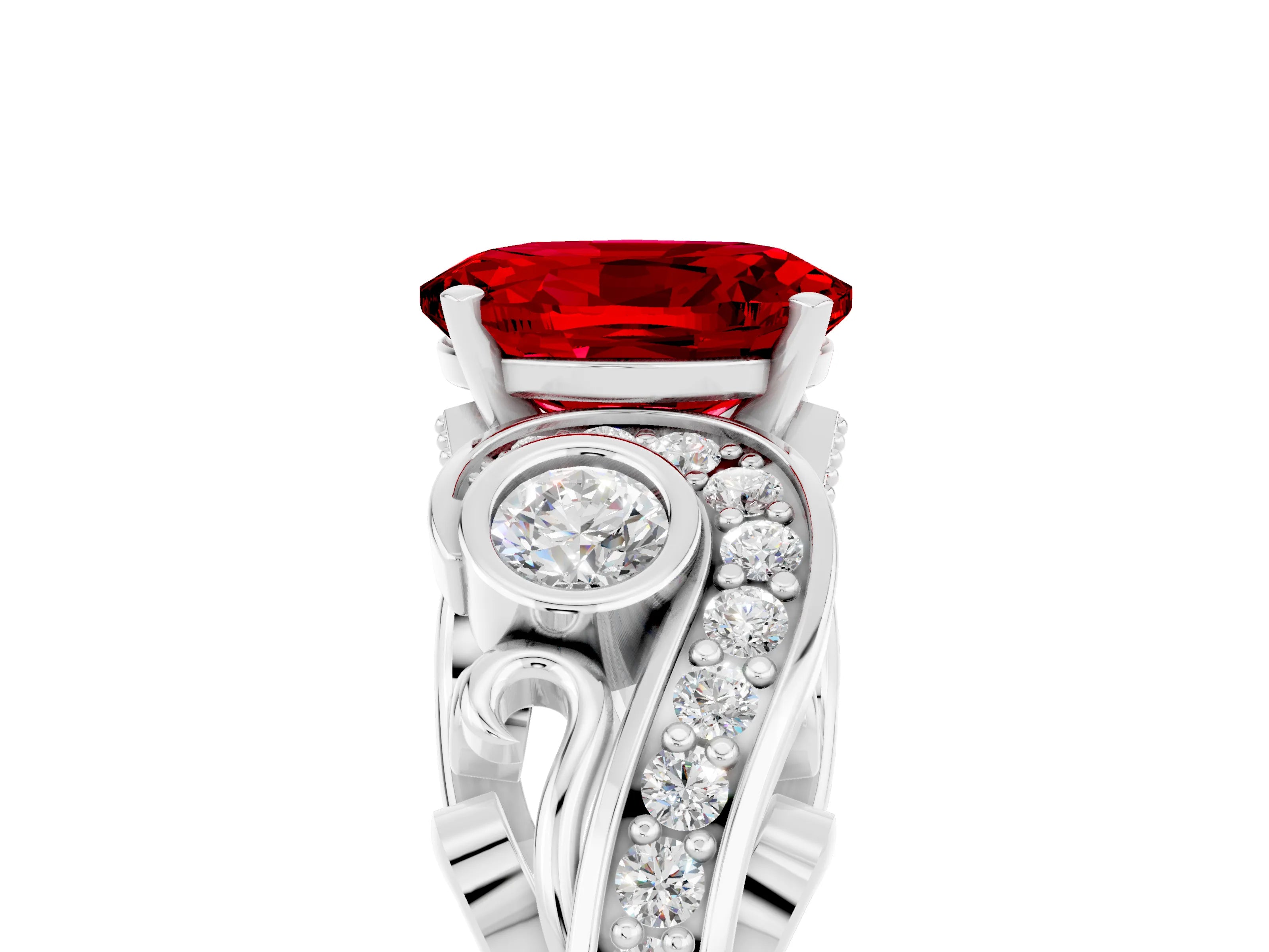 White gold Oval Cut Ruby Solitaire Ring with Milgrain Pavé Band and Four-Prong Setting_17