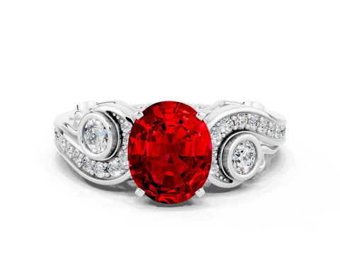 White gold Oval Cut Ruby Solitaire Ring with Milgrain Pavé Band and Four-Prong Setting_48