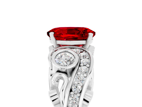 White gold Oval Cut Ruby Solitaire Ring with Milgrain Pavé Band and Four-Prong Setting_53