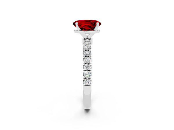 Silver Oval Cut Ruby Solitaire Ring with Pavé Accents and Four-Prong Setting