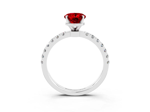 Platinum Oval Cut Ruby Solitaire Ring with Pavé Accents and Four-Prong Setting