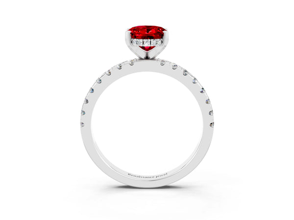 White gold Oval Cut Ruby Solitaire Ring with Round  Pavé Band and Four-Prong Setting