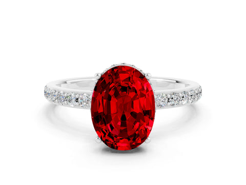White gold Oval Cut Ruby Solitaire Ring with Pavé Band and Hidden Halo_12